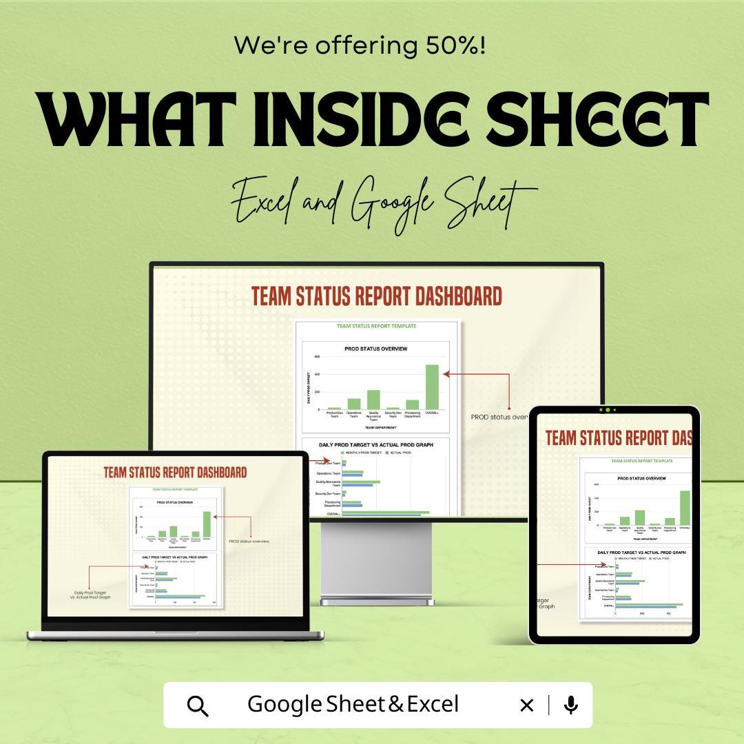 Team Status Report Dashboard | Excel and Google Sheet | Productivity Tracker | Task Status Overview | Digital Download Template