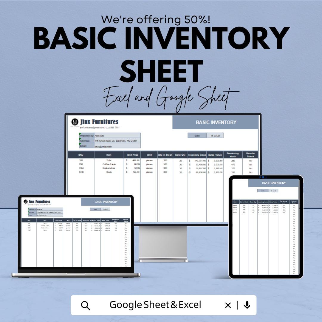 Basic Inventory Sheet Template | Excel & Google Sheets | Inventory Management Tool