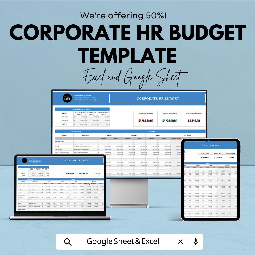 Corporate HR Budget Template, HR Budget Spreadsheet, Employee Cost Planner, HR Financial Tracker, Google Sheets Excel, Workforce Budget Tool