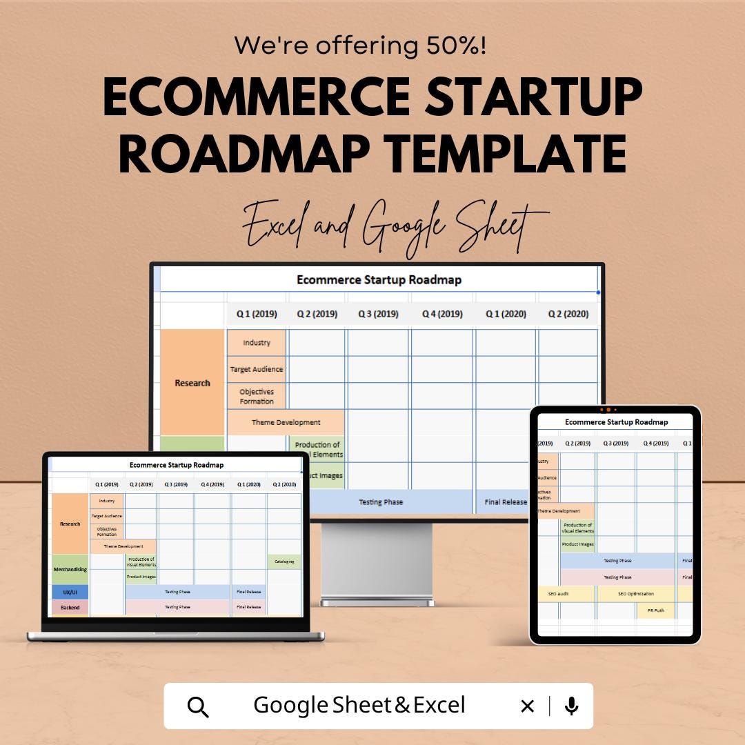 Ecommerce Startup Roadmap Template | Business Launch Planner Spreadsheet | Startup Growth Strategy Tool | Excel & Google Sheets |