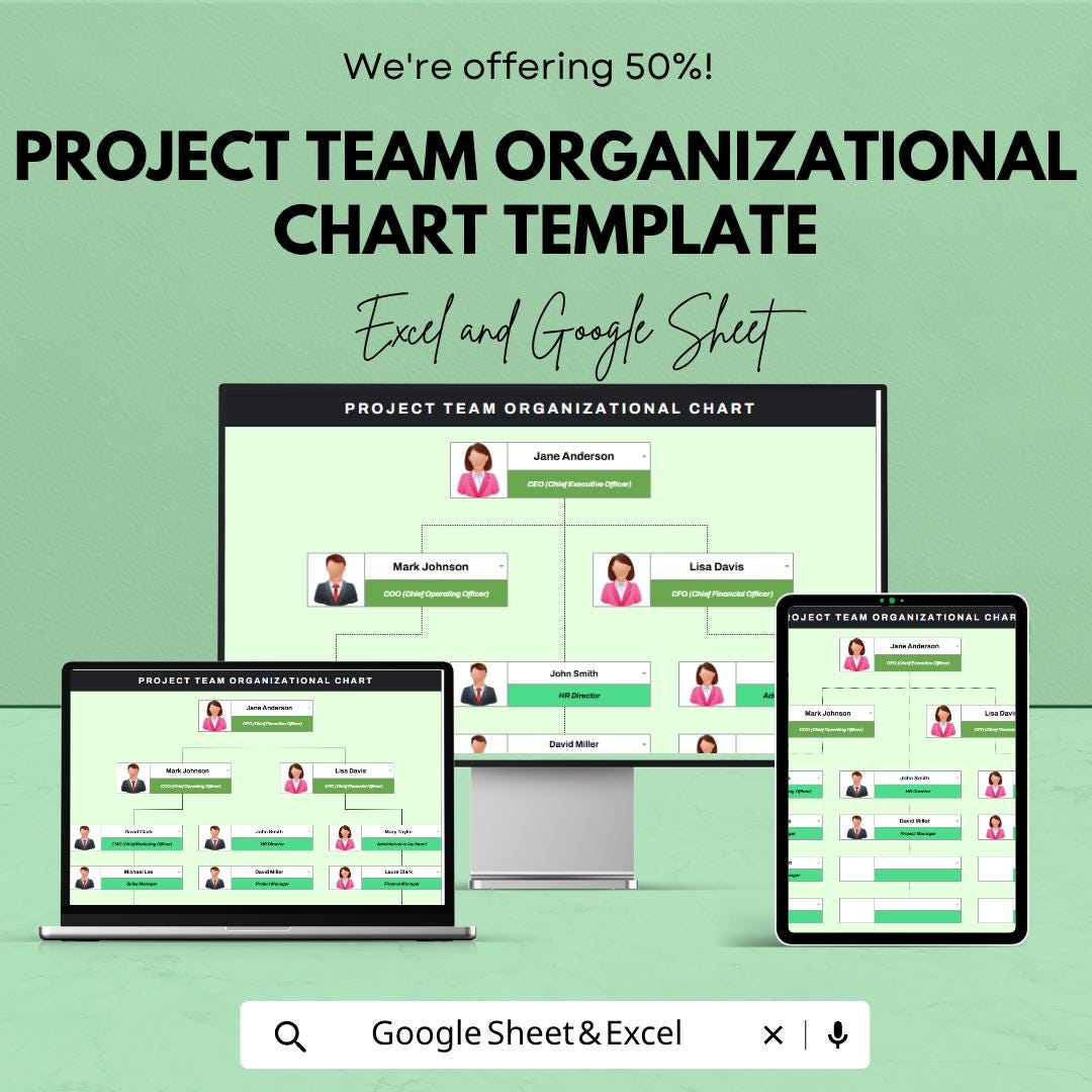 Project Team Organizational Chart Template | Org Chart Spreadsheet | Team Structure Diagram | Project Management Template |