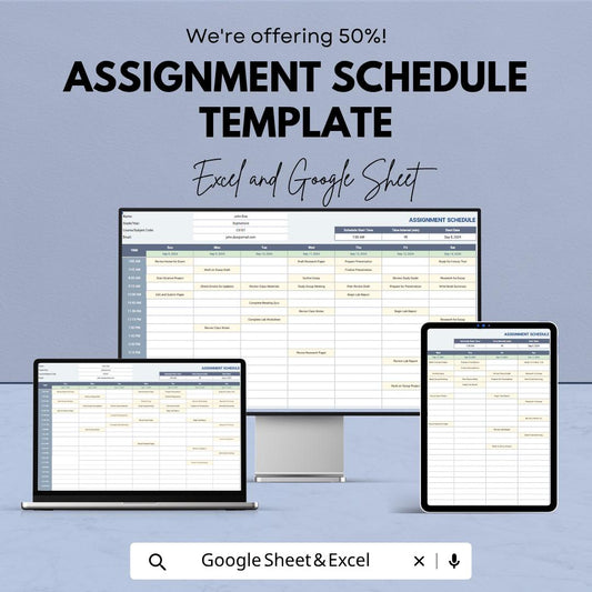 Assignment Schedule Template | Student Planner Excel & Google Sheets | Weekly Study Planner | Homework Tracker |