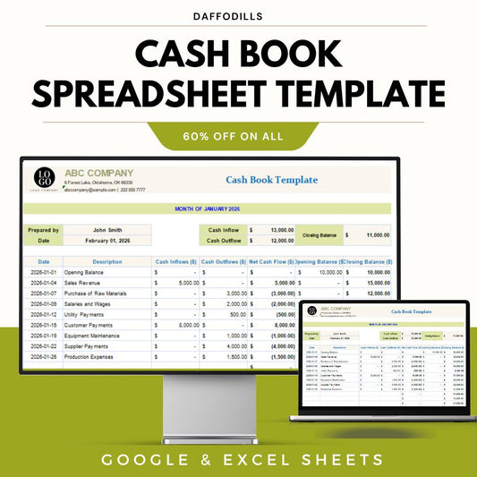 Cash Book Spreadsheet Template, Cash Flow Tracker, Business Cash Book, Income Expense Log, Google Sheets Excel