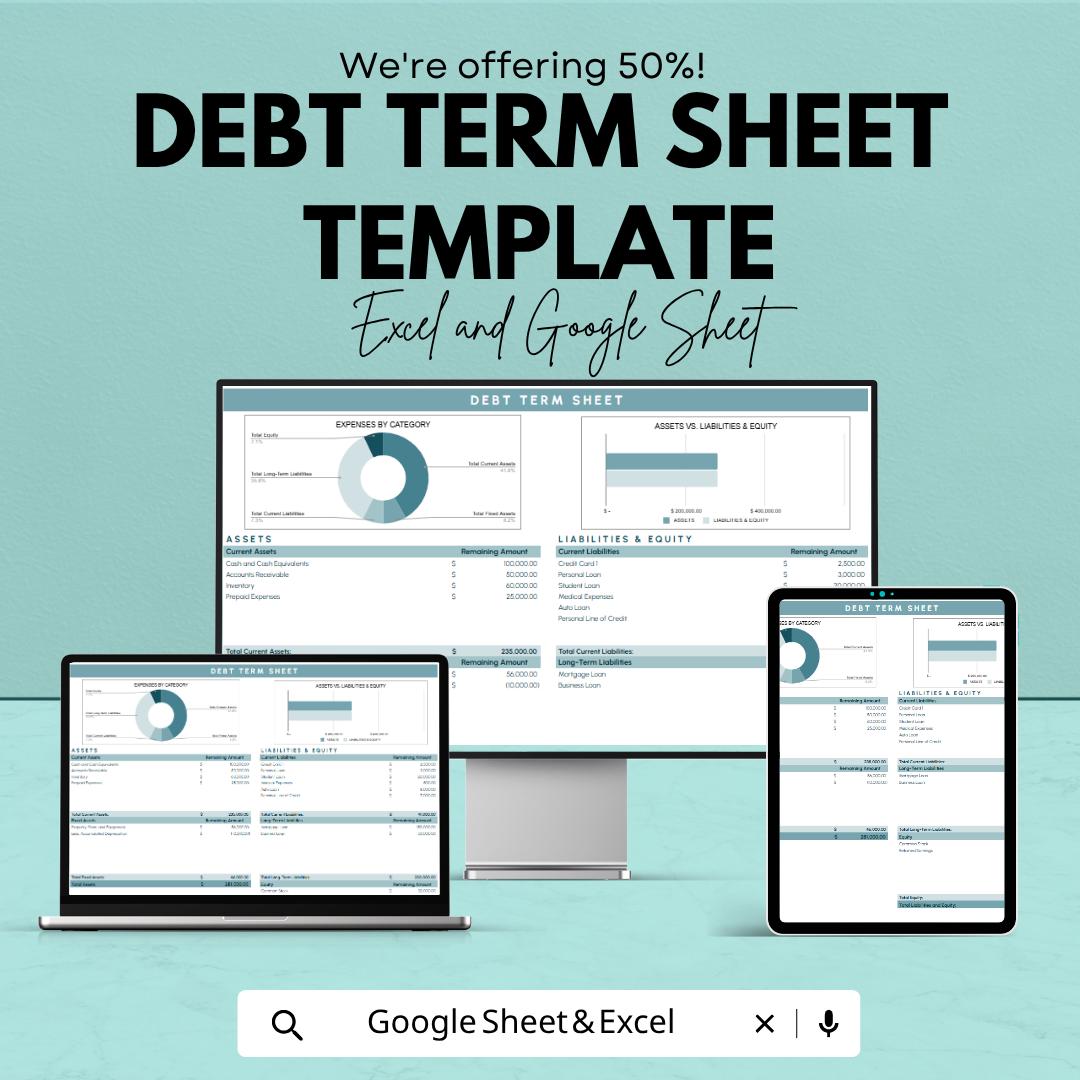 Debt Term Sheet Template | Debt Financing Spreadsheet | Loan Agreement Template | Excel & Google Sheets | Financial Planning Sheet