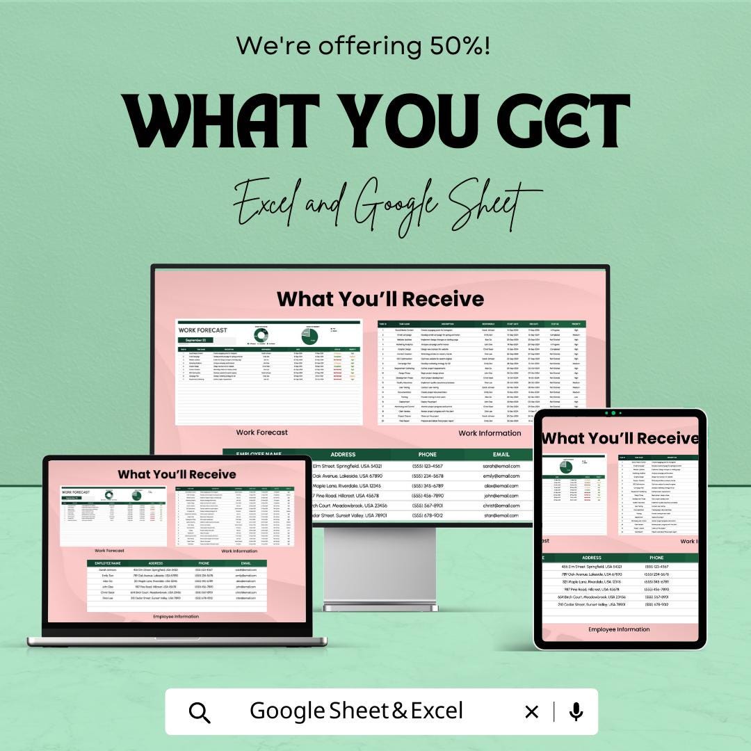 Work Forecast Template | Task Forecast Spreadsheet | Project Workload Planner | Excel & Google Sheets Work Tracker | Team Planning Dashboard