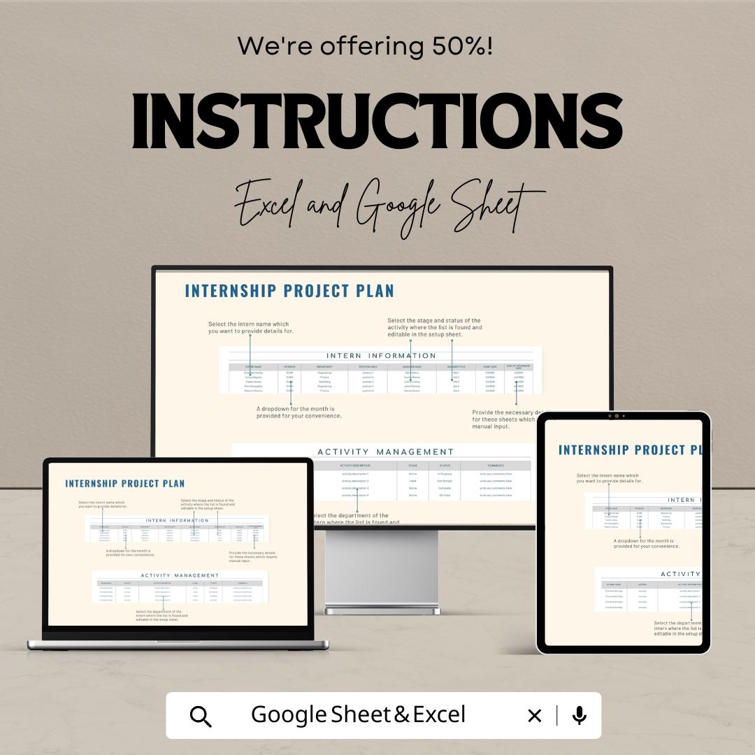 Internship Project Plan Sheet | Excel & Google Sheets Template | Internship Tracking | Activity Management Template | Project Plan Template