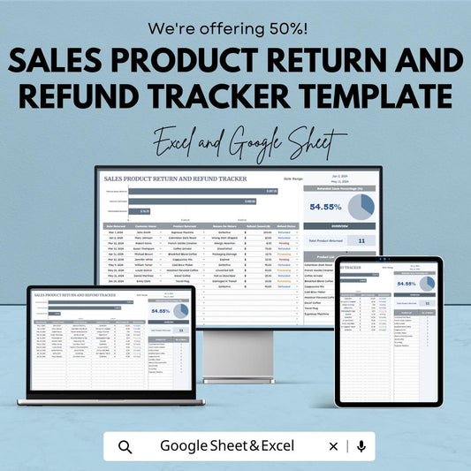 Sales Return and Refund Tracker, Product Return Template, Refund Log Spreadsheet, Customer Return Tracker,