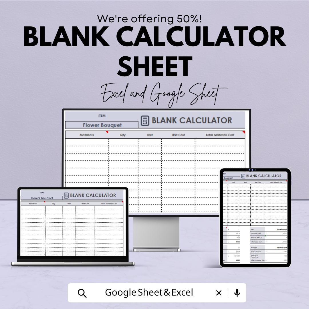 Blank Calculator Sheet | Excel & Google Sheets | Customizable Business Calculator Template | Expense and Cost Tracking Tool