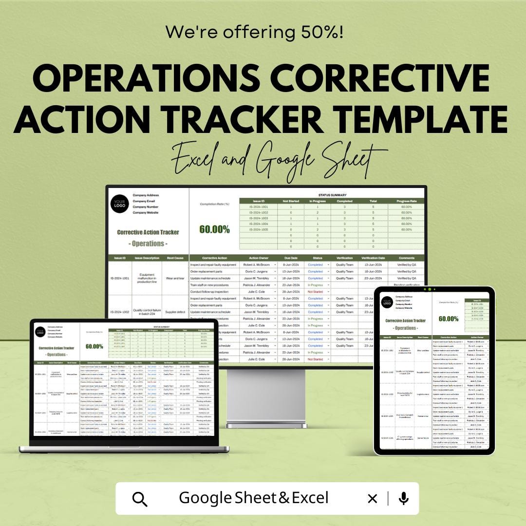 Operations Corrective Action Tracker Template | Excel and Google Sheets | CAPA Tracker | Operations Management & Compliance Tool