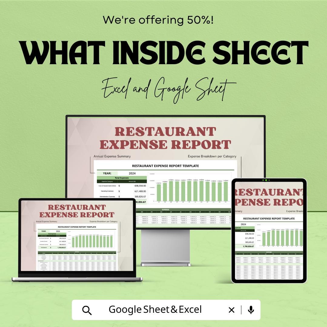 Restaurant Expense Report Template | Financial Tracking and Budget Management for Restaurants | Excel & Google Sheet Template