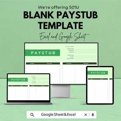 Blank Paystub Template | Payroll Stub Spreadsheet | Employee Paycheck Template | Excel & Google Sheets | Salary Payslip Tracker Sheet