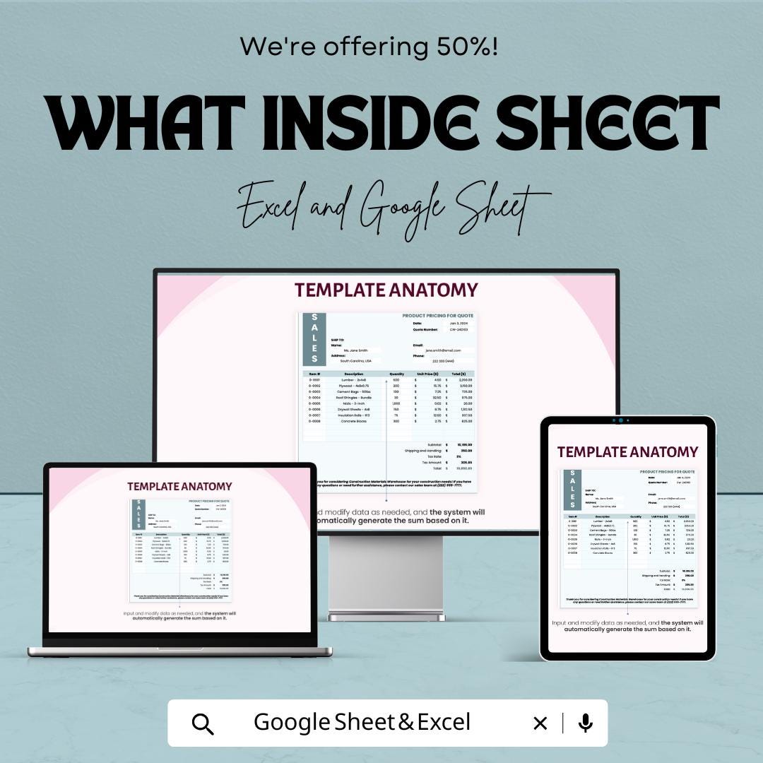 Sales Product Pricing for Quote Template | Excel & Google Sheet | Product Price List | Quote Generator | Sales Estimate Sheet for Business