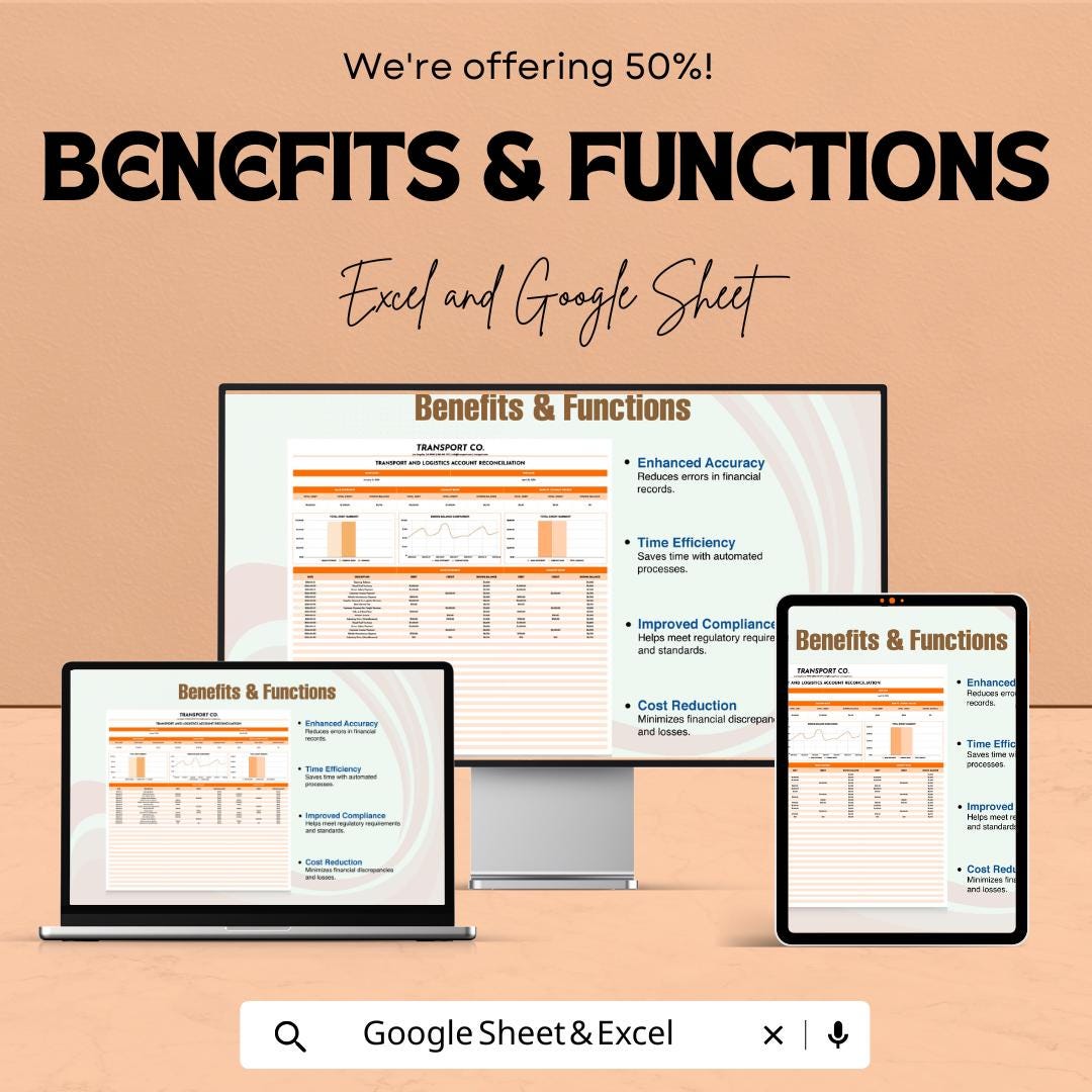 Transport & Logistics Account Reconciliation Sheet - Google Sheets for Financial Management, Budget Tracking and Automated Calculations
