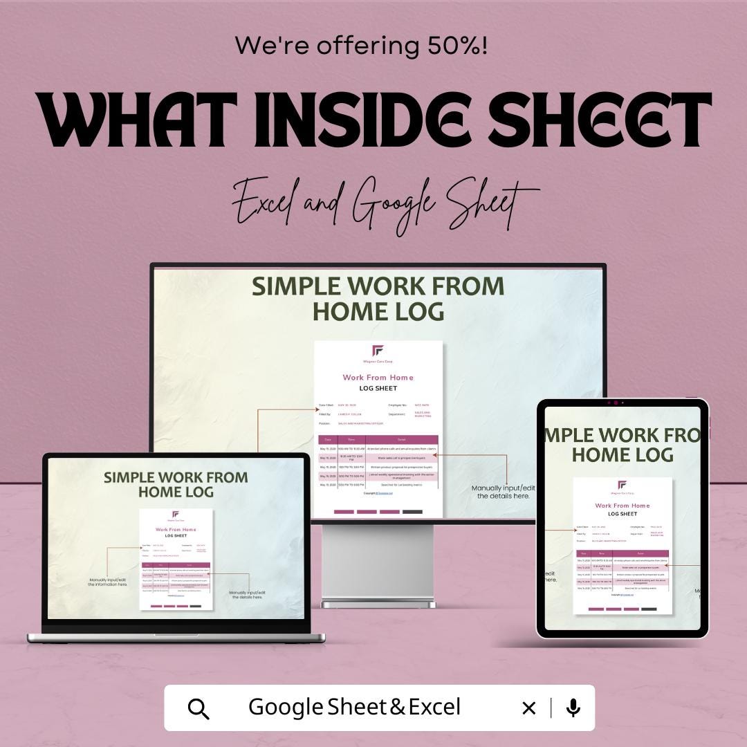 Simple Work from Home Log Sheet Template | Track Daily Work Hours and Activities | Google Sheet & Excel File | Work Log for Remote Jobs
