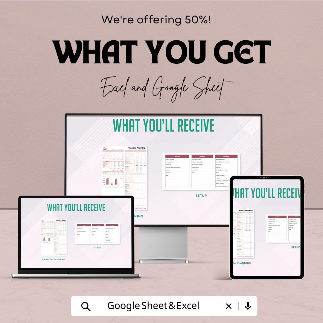 Financial Planning Template | Budget Planner Spreadsheet | Income and Expense Tracker | Savings and Goals Planner