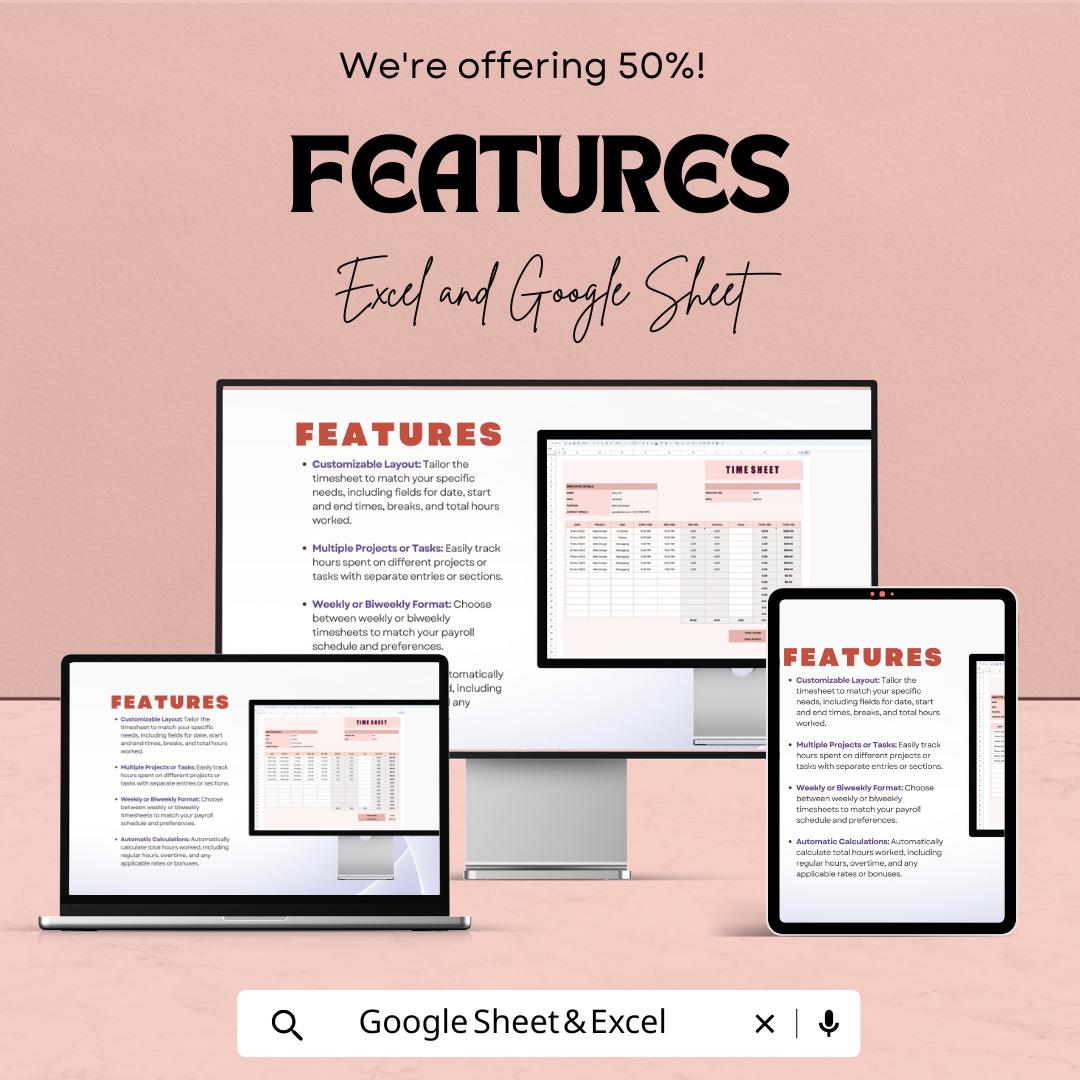 Timesheet Template – Excel & Google Sheets, 50% OFF – Track Employee Hours, Work Schedule, Editable Payroll, Time Management Tool