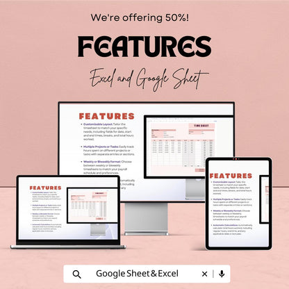 Timesheet Template – Excel & Google Sheets, 50% OFF – Track Employee Hours, Work Schedule, Editable Payroll, Time Management Tool
