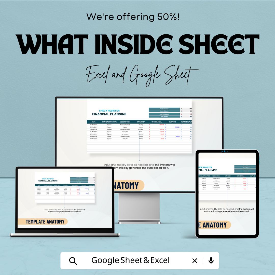 Check Register for Financial Planning Template | Expense Tracker | Income and Expense Log | Budget Register Spreadsheet