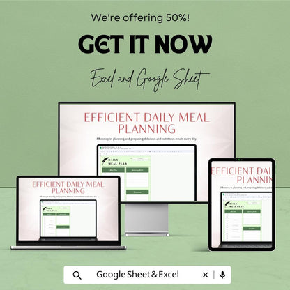 Daily Meal Plan Sheet - Printable Weekly Meal Planner - Meal Prep and Grocery List - Excel & Google Sheet - Healthy Eating Planner