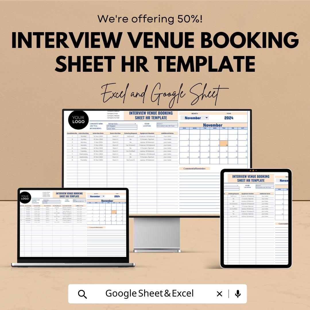Interview Venue Booking Sheet HR Template, Interview Schedule Tracker, Recruitment Planner, Candidate Booking Spreadsheet