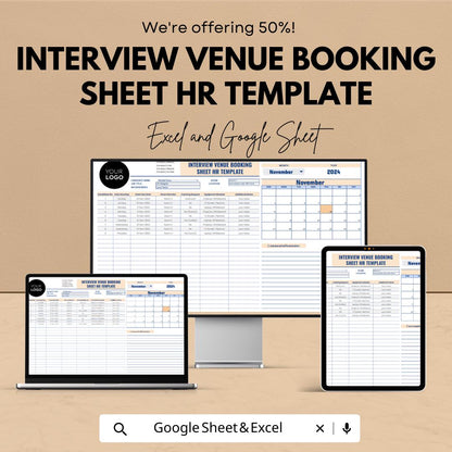 Interview Venue Booking Sheet HR Template, Interview Schedule Tracker, Recruitment Planner, Candidate Booking Spreadsheet