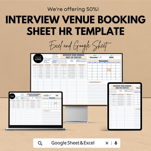 Interview Venue Booking Sheet HR Template, Interview Schedule Tracker, Recruitment Planner, Candidate Booking Spreadsheet