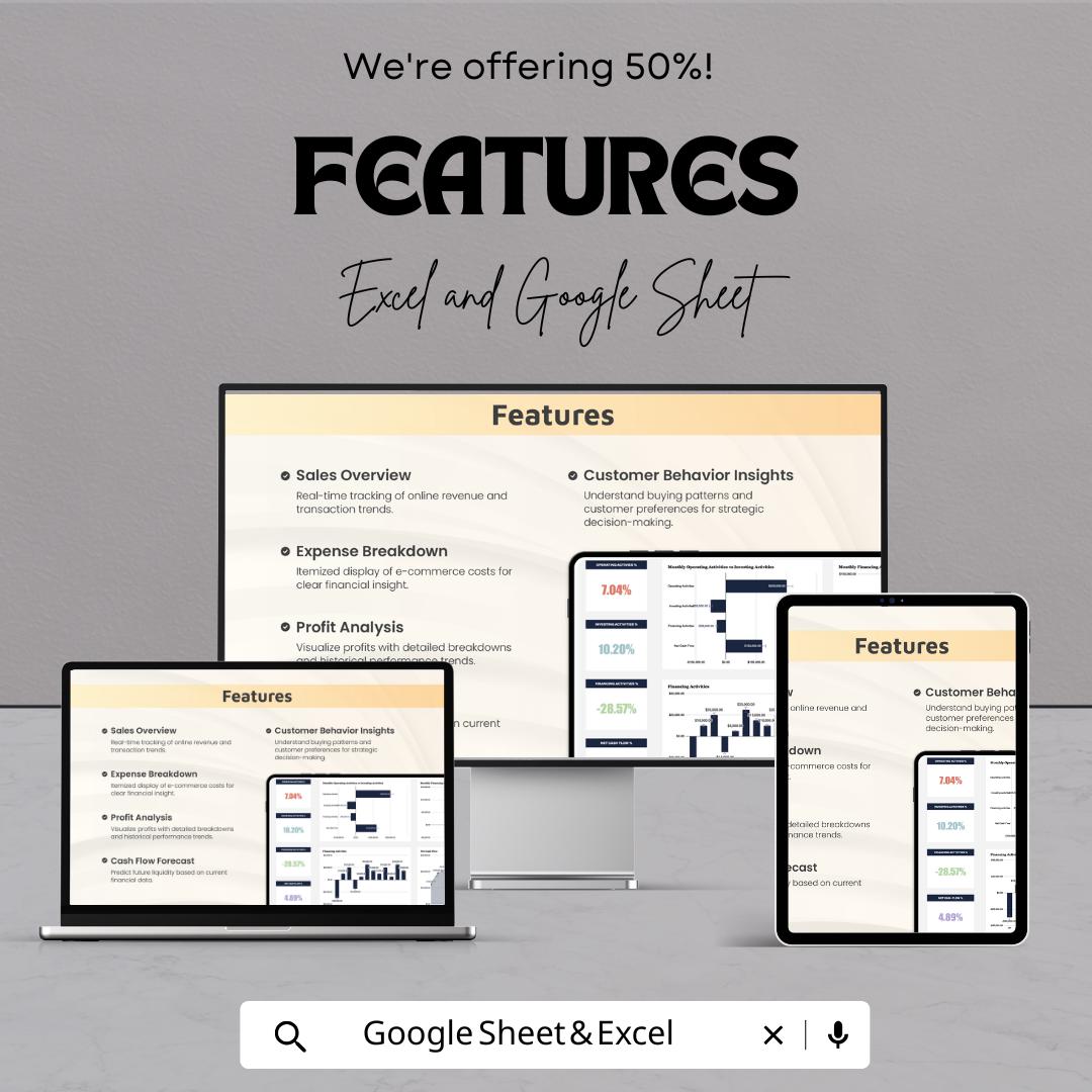 E-Commerce Cash Flow Dashboard Template | Business Finance Tracker | Profit and Expense Report | Online Store Analytics Spreadsheet