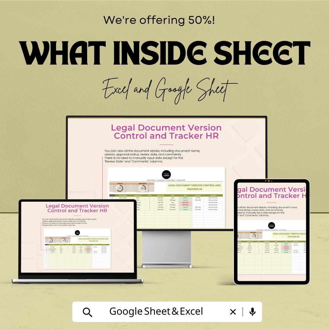 Legal Document Version Control Tracker | HR Compliance Document Log | Legal File Management Template | Excel & Google Sheets