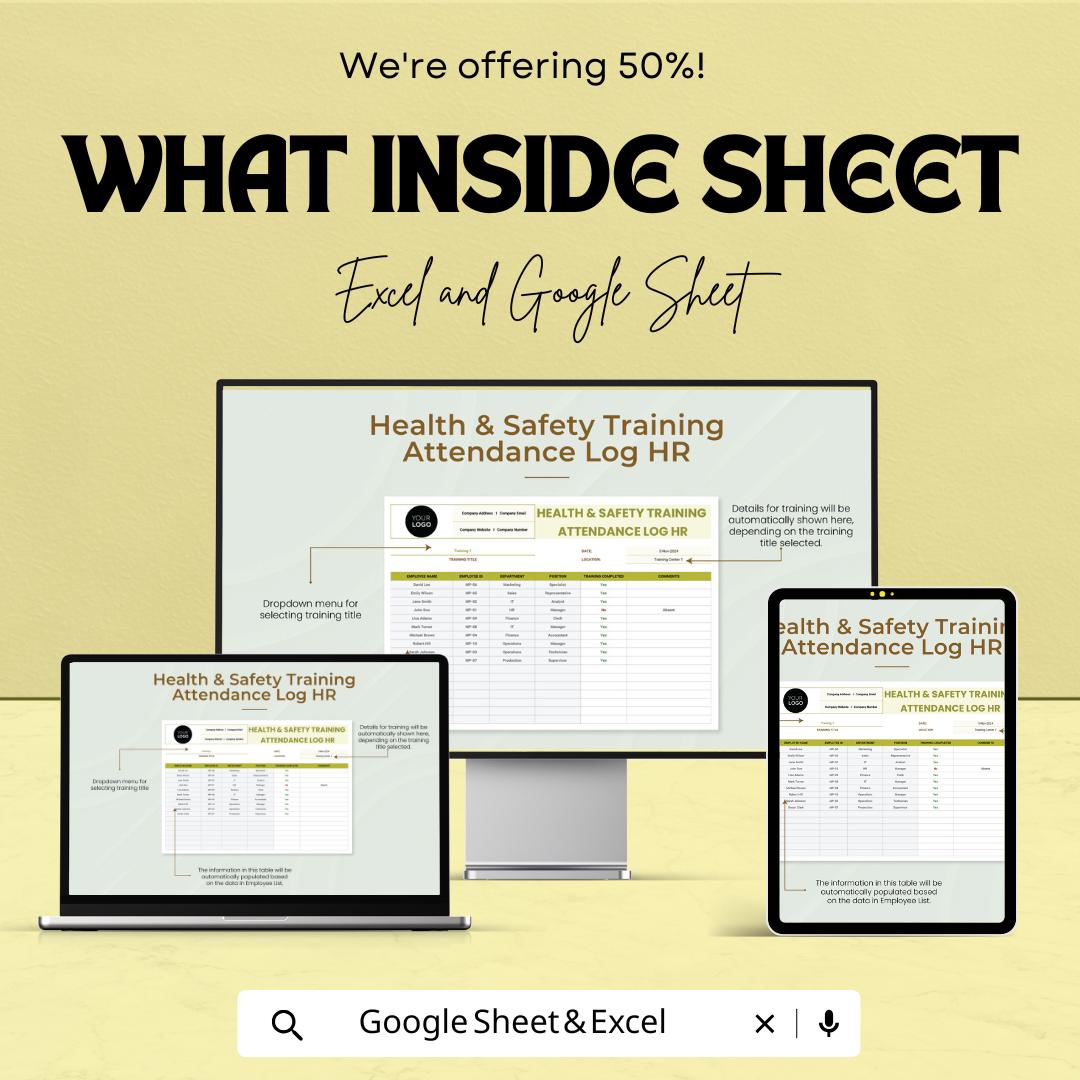 Health & Safety Training Attendance Log HR Template | Employee Safety Training Tracker | Excel and Google Sheets Compliance Log