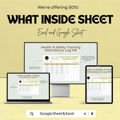 Health & Safety Training Attendance Log HR Template | Employee Safety Training Tracker | Excel and Google Sheets Compliance Log