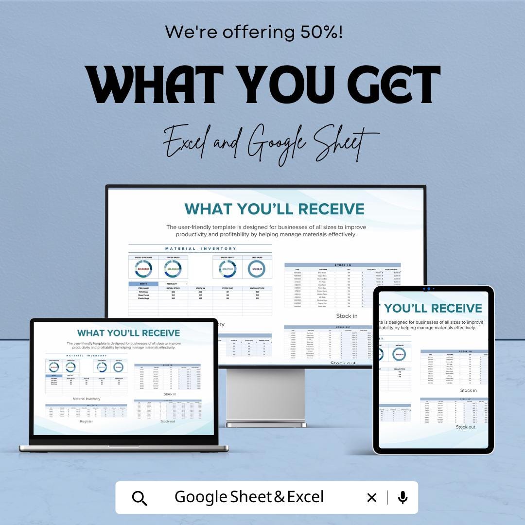 Material Inventory Template | Excel & Google Sheets Material Tracker | Stock Management Spreadsheet | Raw Material Inventory Log