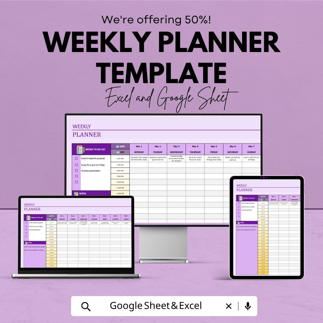 Weekly Planner Spreadsheet Template | Weekly Schedule Spreadsheet | Time Blocking Planner | Task Manager Template