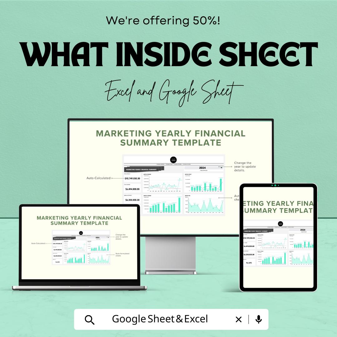 Marketing Yearly Financial Summary Template | Annual Budget Planner | Marketing Finance Dashboard | Expense & Revenue Tracker