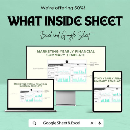 Marketing Yearly Financial Summary Template | Annual Budget Planner | Marketing Finance Dashboard | Expense & Revenue Tracker