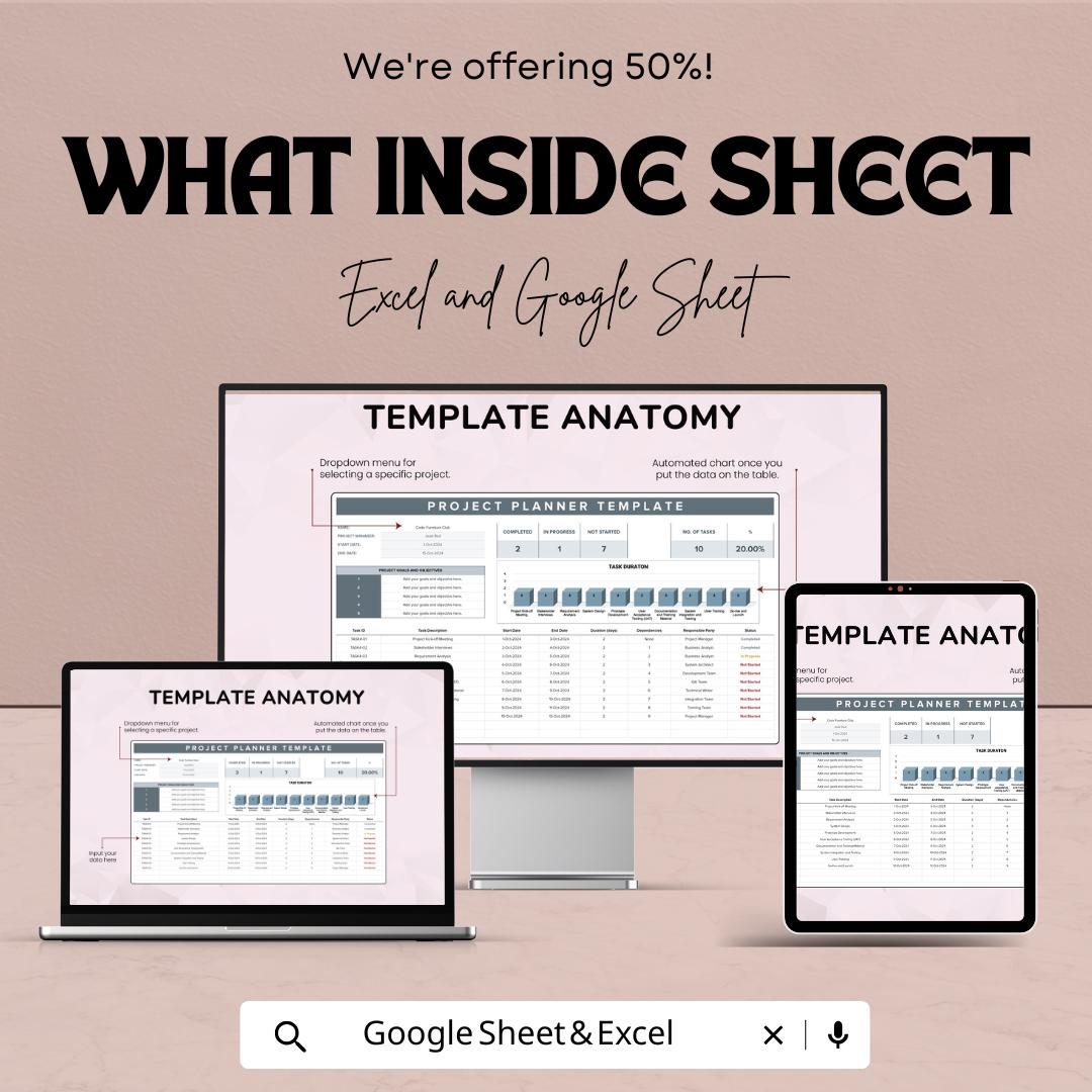 Project Planner Sheet 2025 | Excel and Google Sheet Template | Task Scheduling & Budget Planner | Project Management Tool