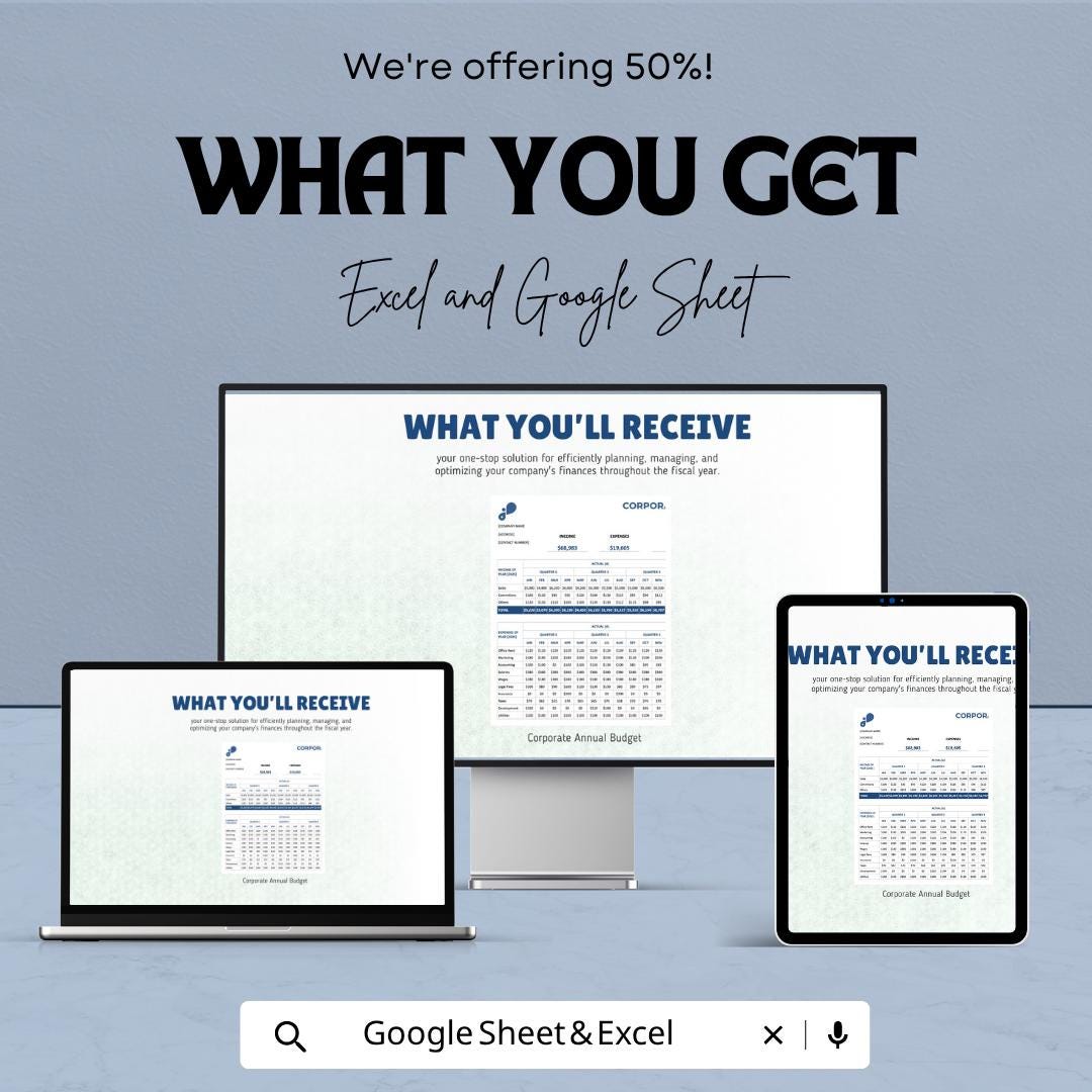 Corporate Annual Budget Template | Business Budget Spreadsheet | Financial Planning Template | Company Expense Tracker
