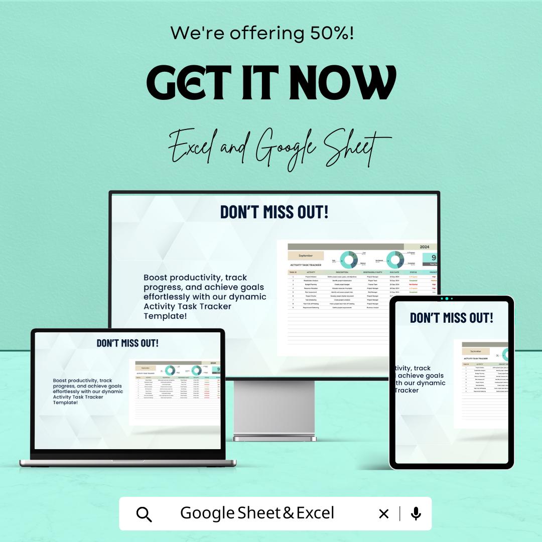 Activity Task Tracker Sheet - Excel & Google Sheets Template | Task Management Tool | Boost Productivity | Work Planner for 2024