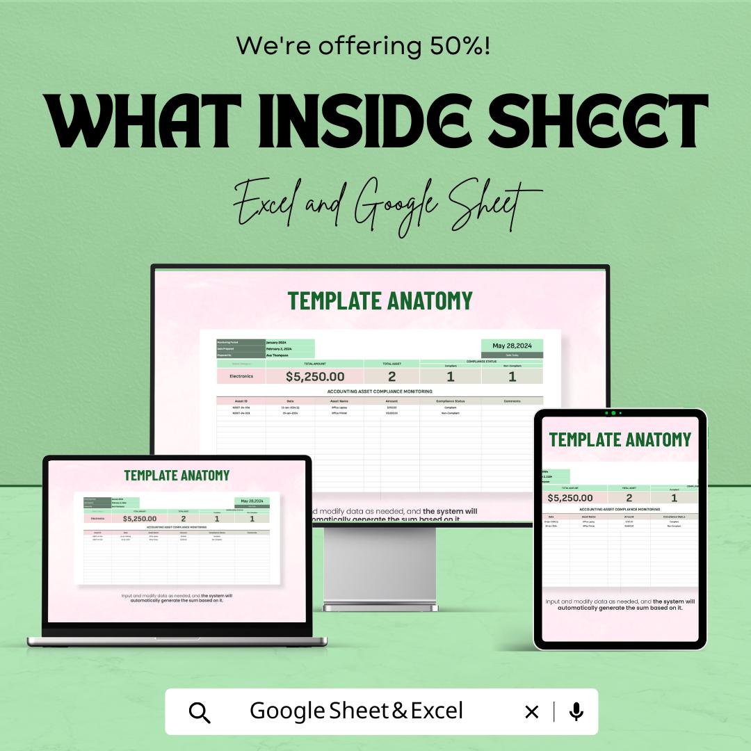 Accounting Asset Compliance Monitoring Template | Asset Tracking Spreadsheet | Compliance Tracker | Audit and Regulation Monitoring Tool