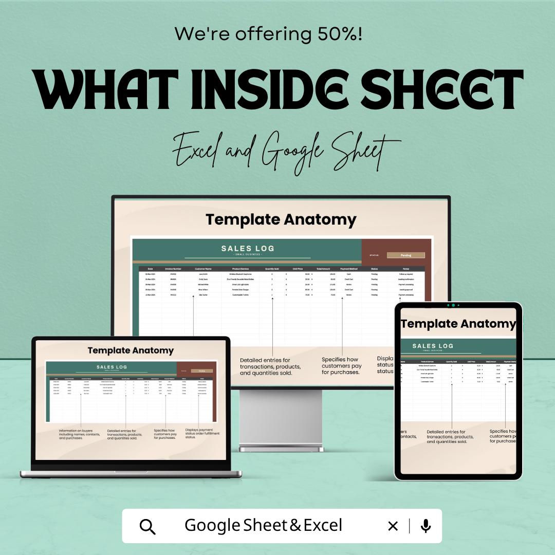 Small Business Sales Log Template Excel | Sales Tracker Spreadsheet Google Sheets | Sales Record Tracker | Revenue Tracking Sheet |