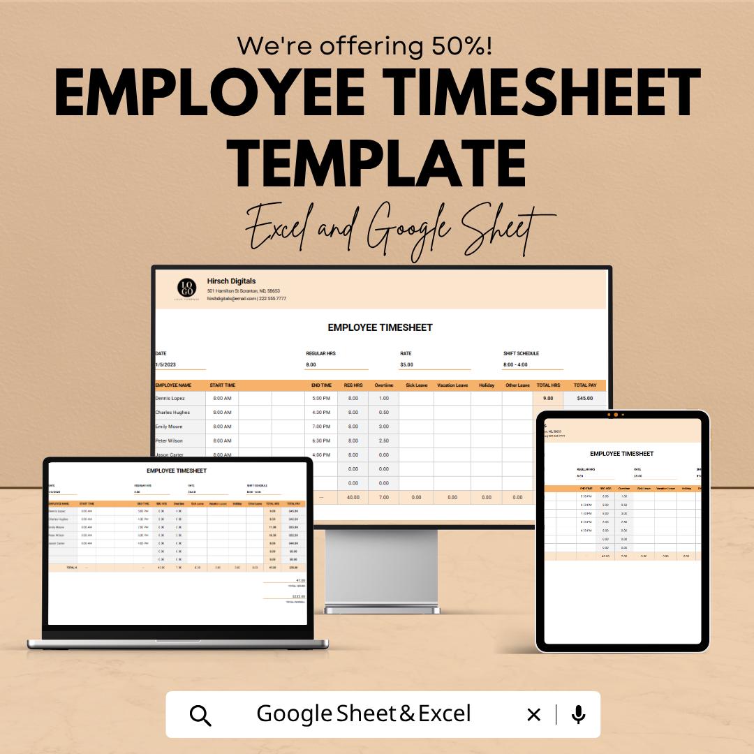 Employee Timesheet Template | Timesheet Spreadsheet | Work Hours Tracker | Payroll Template | Excel & Google Sheets | Staff Time Log Sheet