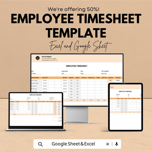 Employee Timesheet Template | Timesheet Spreadsheet | Work Hours Tracker | Payroll Template | Excel & Google Sheets | Staff Time Log Sheet