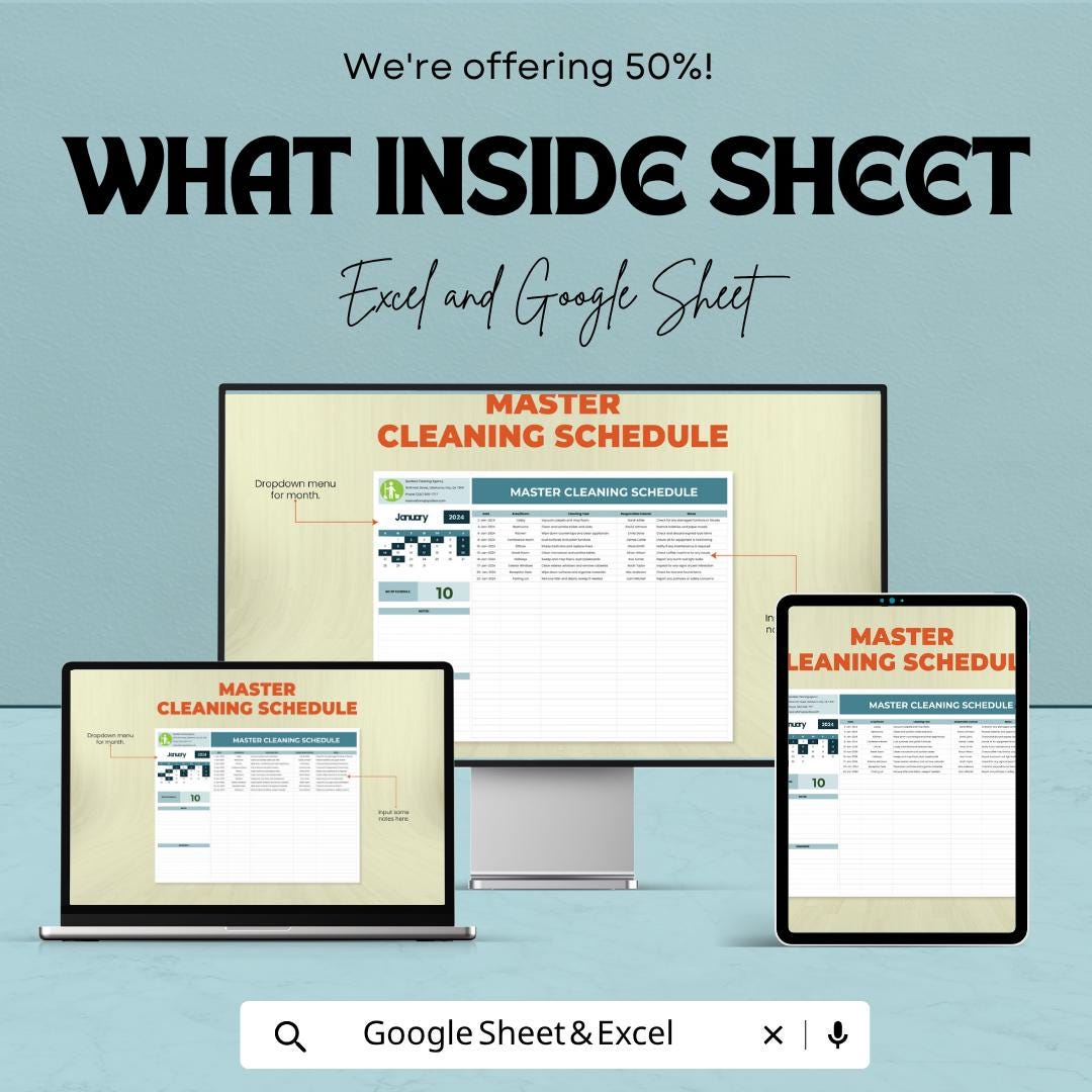 Master Cleaning Schedule Template | Cleaning Planner Spreadsheet | Cleaning Checklist Log | Housekeeping Schedule