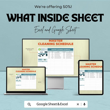 Master Cleaning Schedule Template | Cleaning Planner Spreadsheet | Cleaning Checklist Log | Housekeeping Schedule