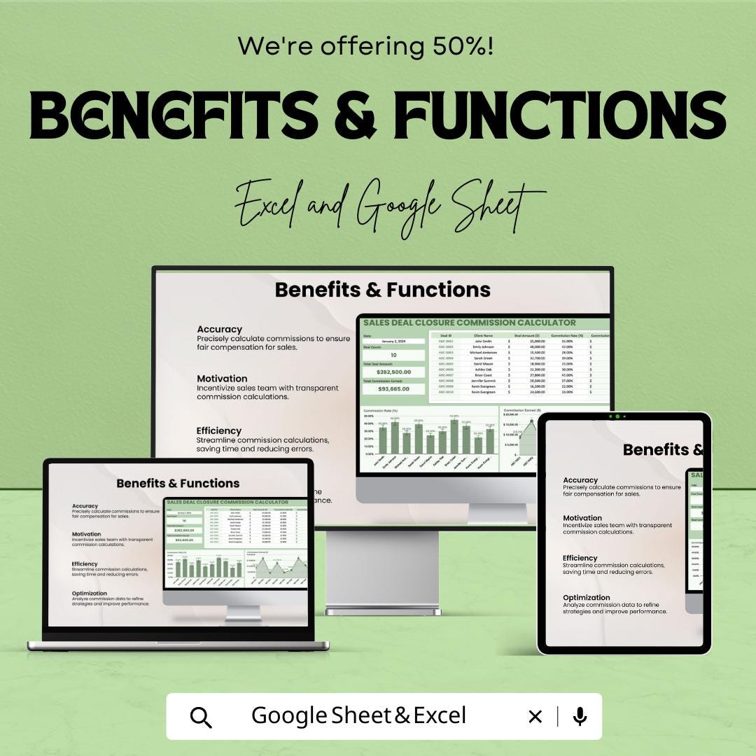 Sales Deal Closure Commission Calculator Template | Excel & Google Sheets | Sales Commission Spreadsheet | Commission Tracker