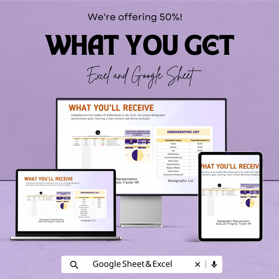Demographic Representation Goals and Progress Tracker HR Template | Diversity & Inclusion sheet | HR Analytics Dashboard | Workforce Metrics