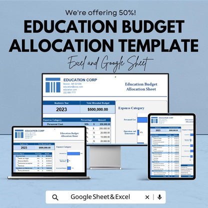 Education Budget Allocation Sheet Template | School Budget Planner | Education Expense Allocation | Academic Finance Spreadsheet