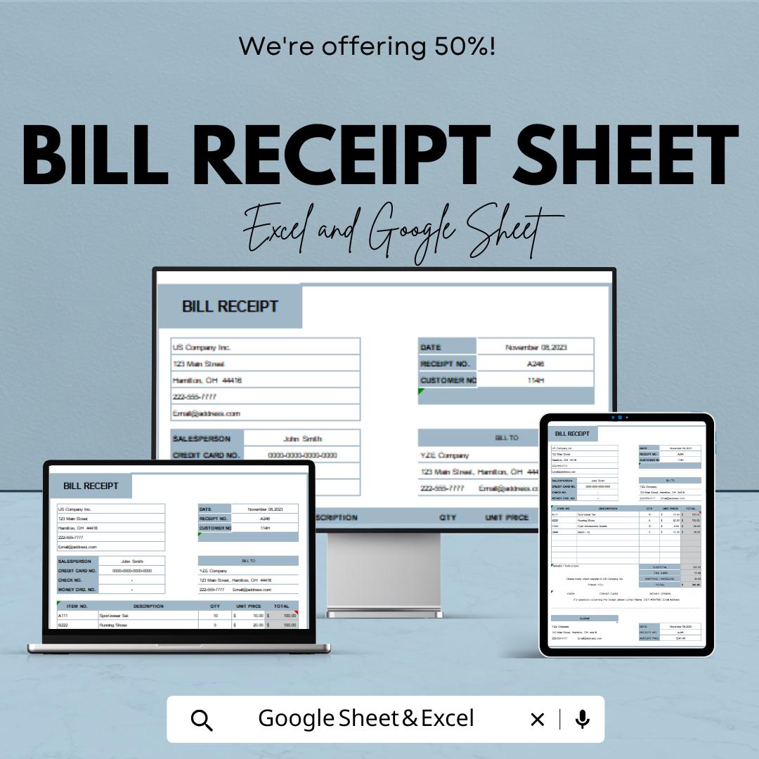 Editable Bill Receipt Template | Excel & Google Sheet | Printable Business Invoice | Custom Billing Tracker | Digital Download