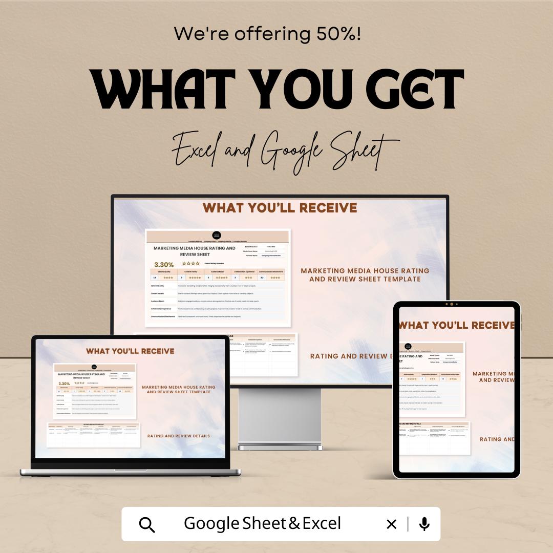 Marketing Media House Rating and Review Sheet Template | Google Sheets & Excel | Marketing KPI Tracker | Media Evaluation Report Template