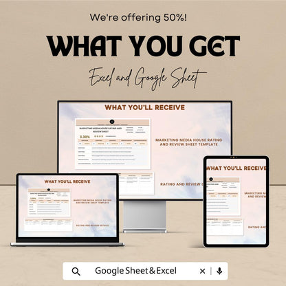 Marketing Media House Rating and Review Sheet Template | Google Sheets & Excel | Marketing KPI Tracker | Media Evaluation Report Template