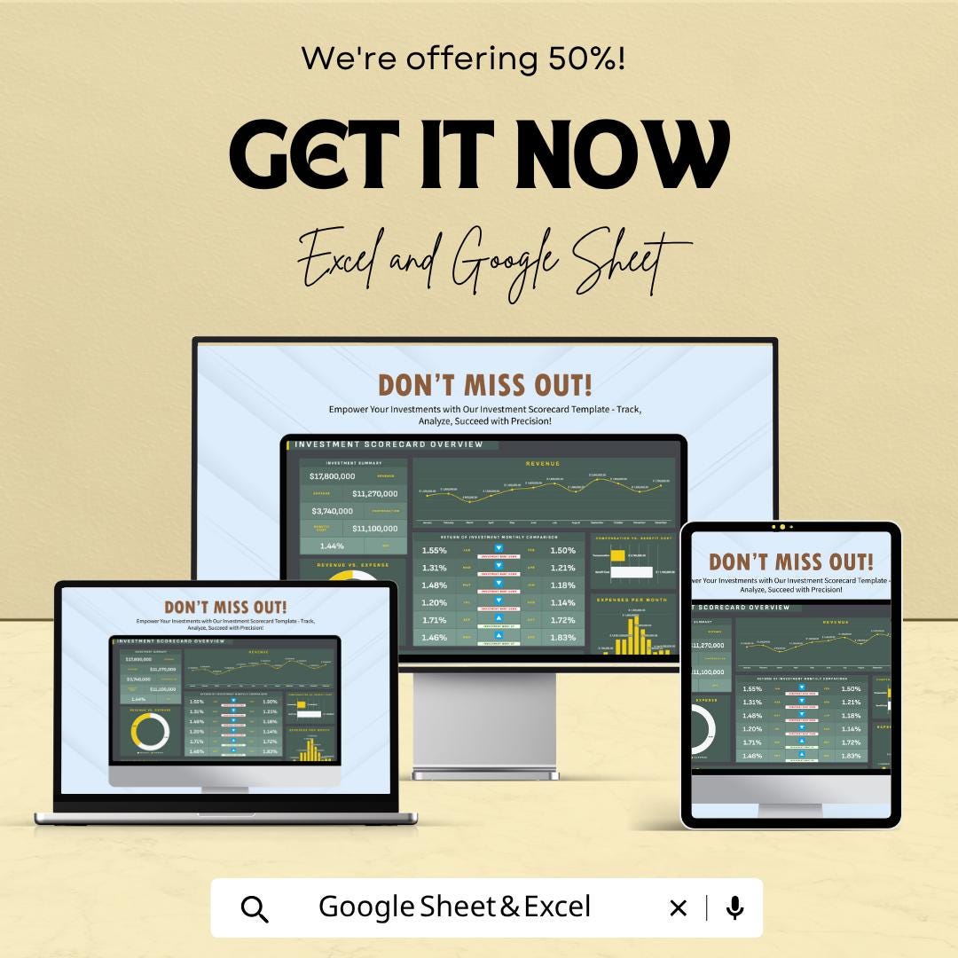 Investment Scorecard Template | ROI Tracker | Investment Analysis Dashboard | Portfolio Performance Tracker | Financial Planning Tool